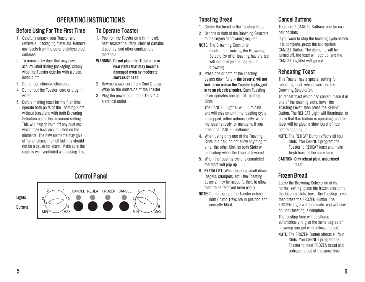 Control panel operating instructions | Westinghouse WST3033 User Manual | Page 6 / 12