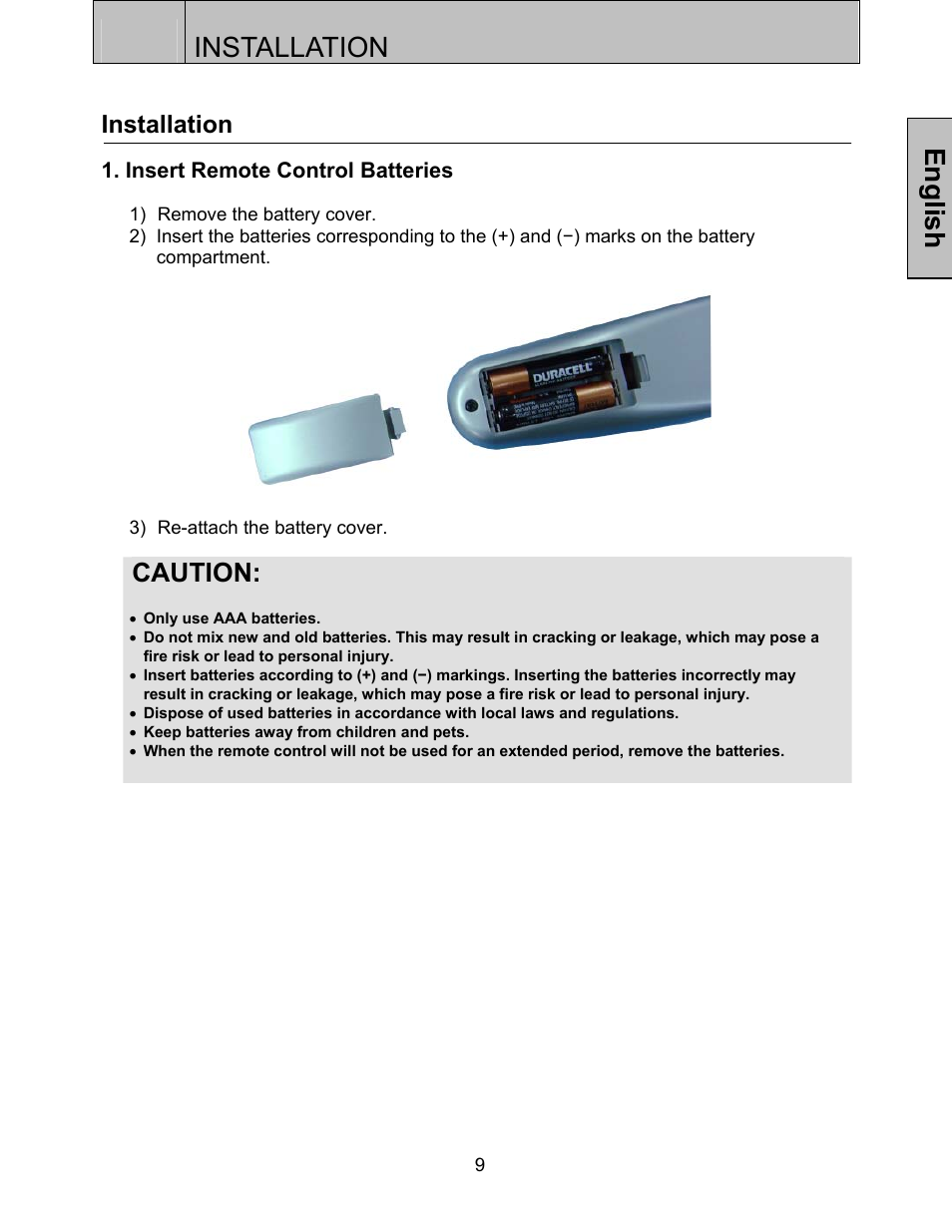 Installation, English, Caution | Westinghouse LVM-37w3 User Manual | Page 11 / 24