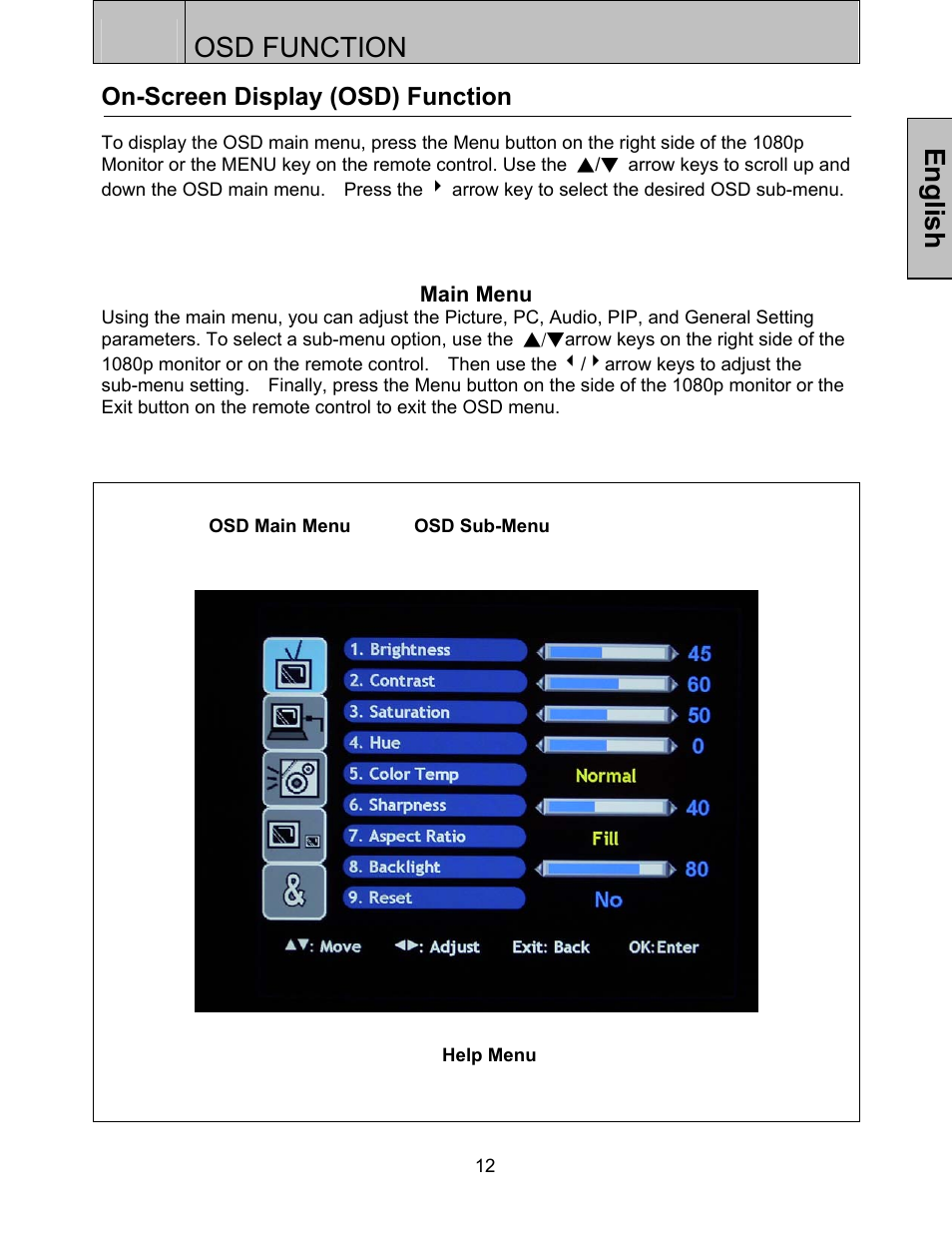 Osd function, English, On-screen display (osd) function | Westinghouse LVM-37w3 User Manual | Page 14 / 24