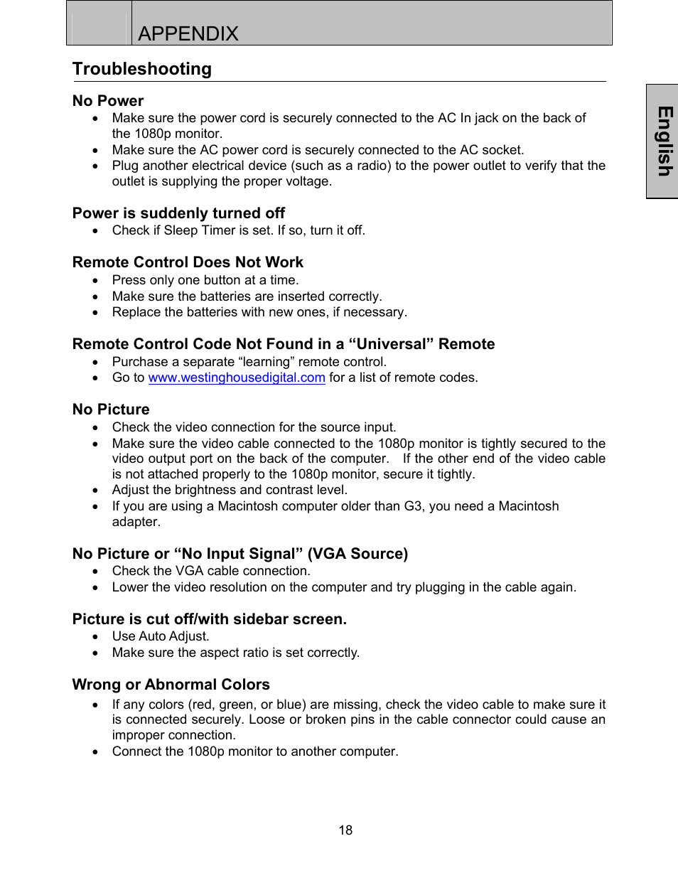 Appendix, English, Troubleshooting | Westinghouse LVM-37w3 User Manual | Page 20 / 24