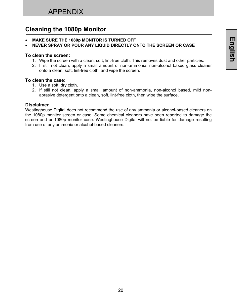 Appendix, English, Cleaning the 1080p monitor | Westinghouse LVM-37w3 User Manual | Page 22 / 24