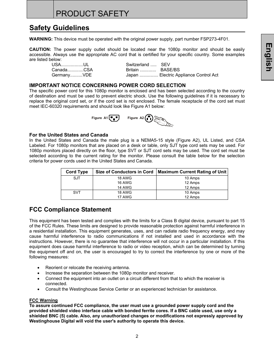 Product safety, English, Safety guidelines | Fcc compliance statement | Westinghouse LVM-37w3 User Manual | Page 4 / 24