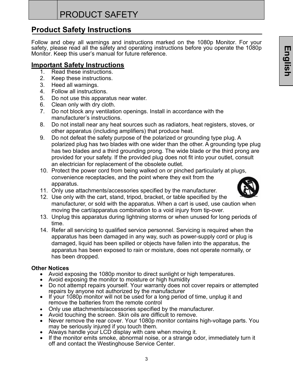 Product safety, English, Product safety instructions | Westinghouse LVM-37w3 User Manual | Page 5 / 24