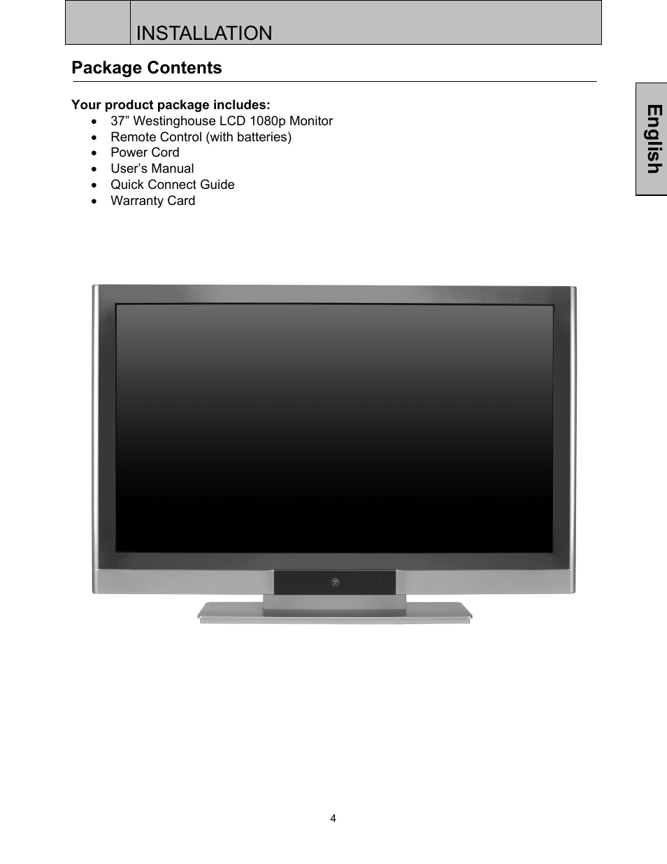Installation, English, Package contents | Westinghouse LVM-37w3 User Manual | Page 6 / 24