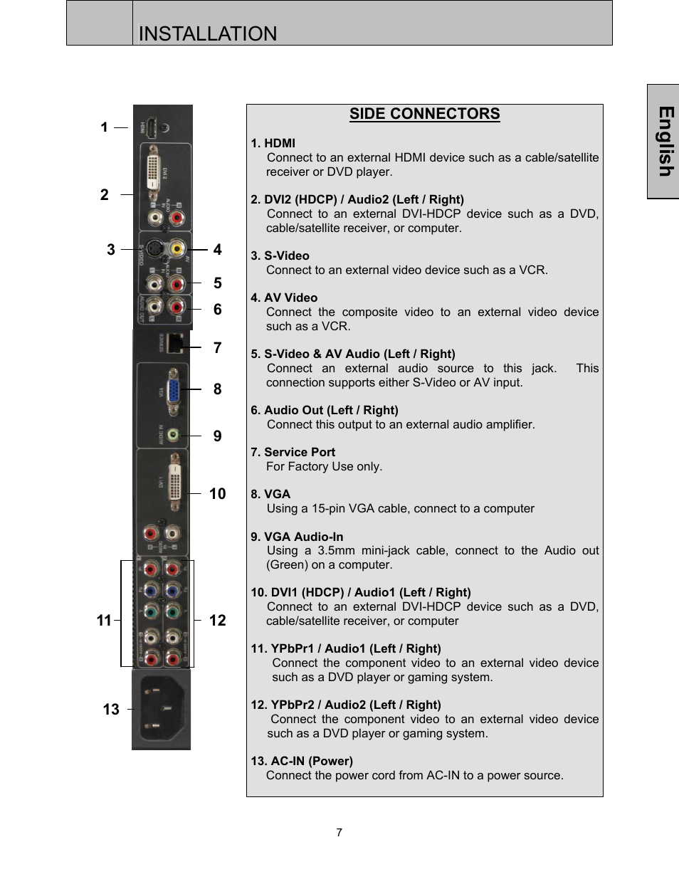 Installation, English | Westinghouse LVM-37w3 User Manual | Page 9 / 24