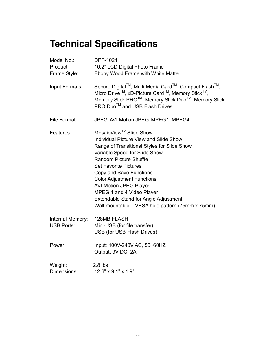 Technical specifications | Westinghouse DPF-1021 User Manual | Page 12 / 18