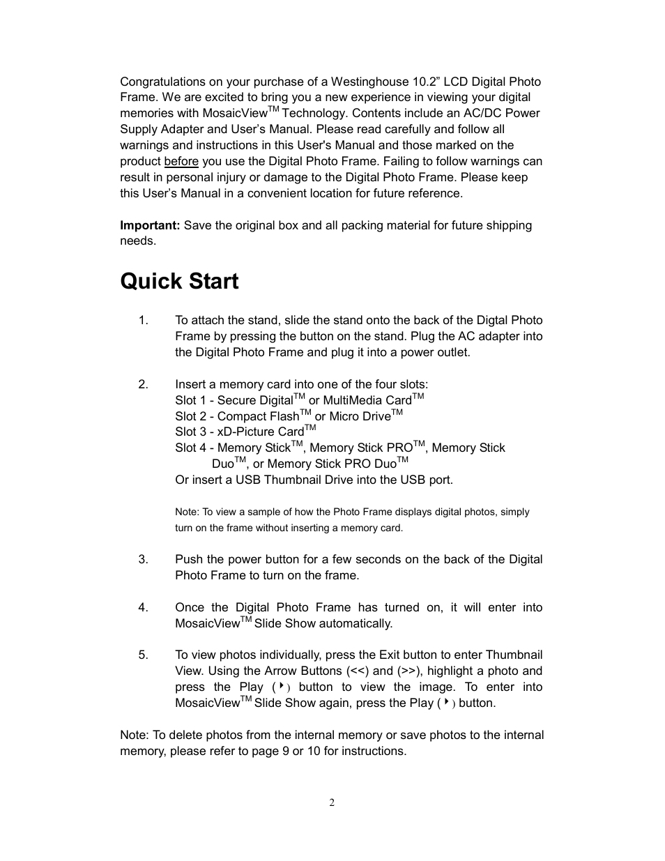 Quick start | Westinghouse DPF-1021 User Manual | Page 3 / 18