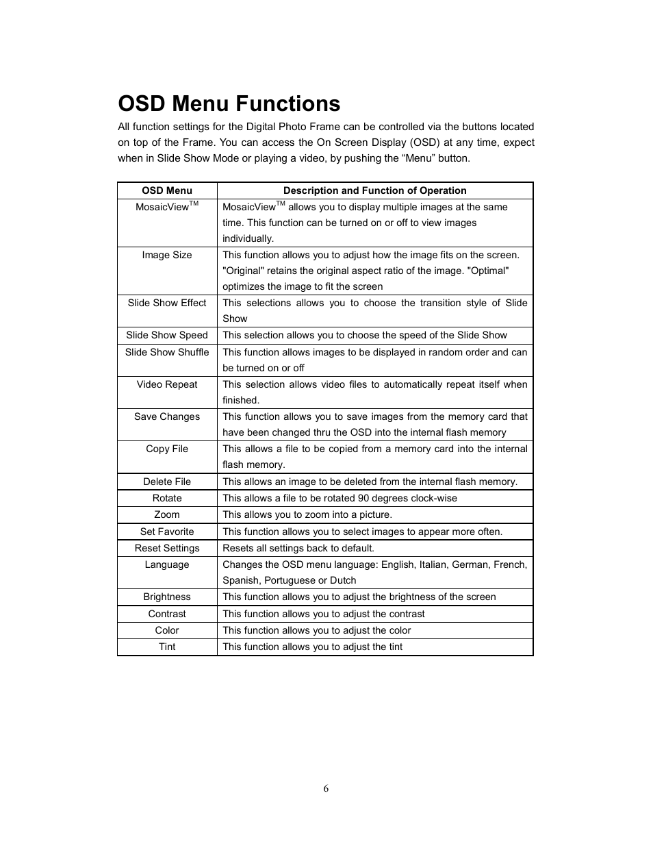 Osd menu functions | Westinghouse DPF-1021 User Manual | Page 7 / 18