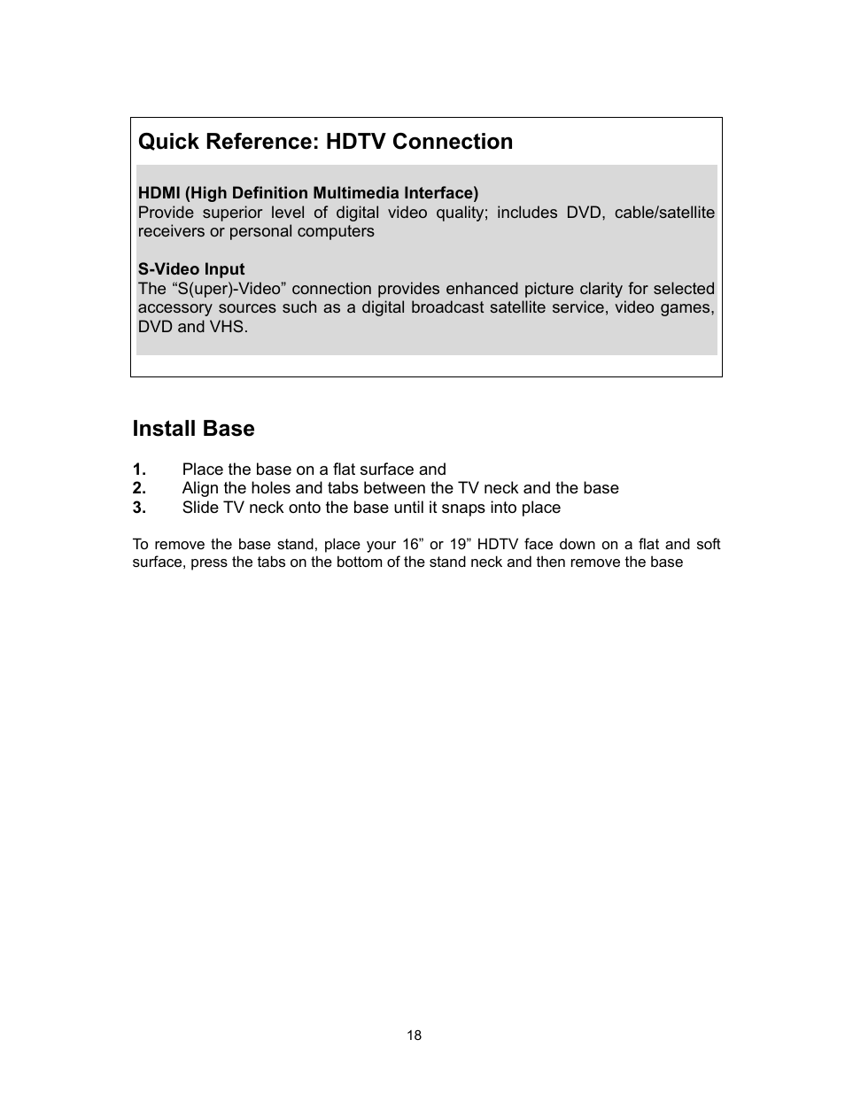 Quick reference: hdtv connection, Install base | Westinghouse SK-16H120S User Manual | Page 20 / 46