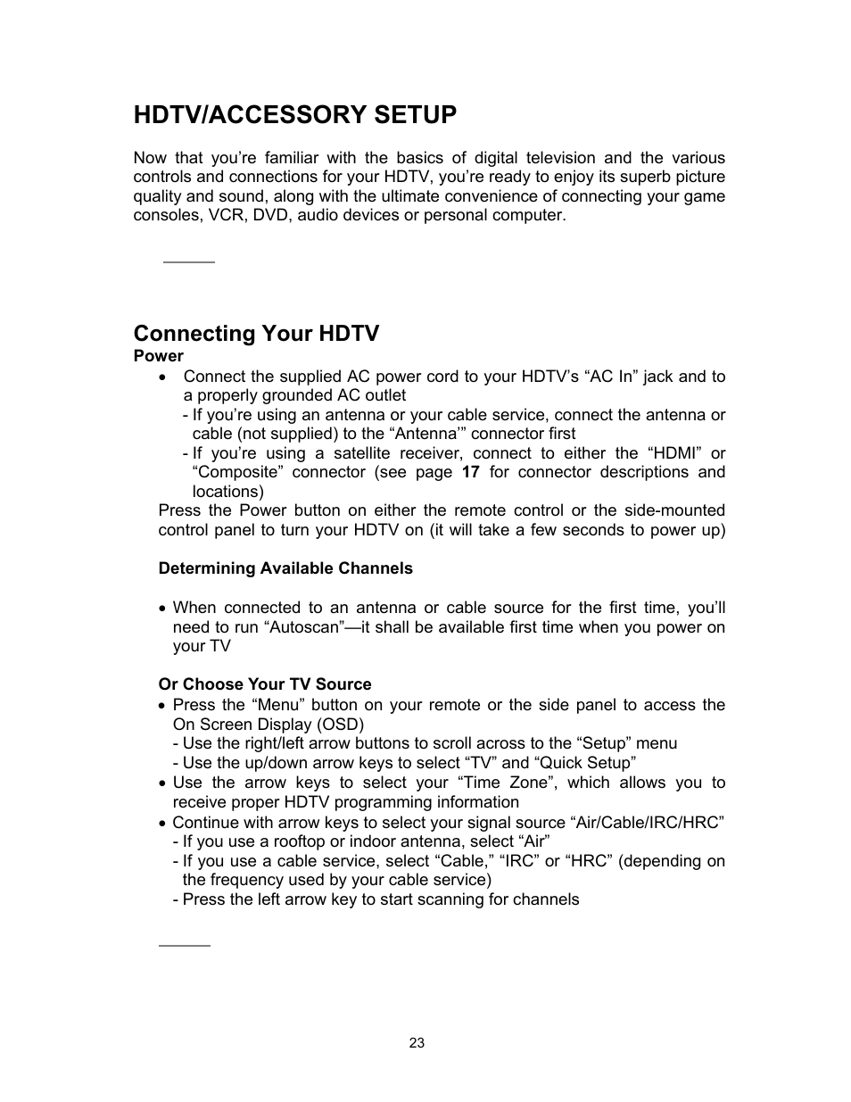 Hdtv/accessory setup, Connecting your hdtv | Westinghouse SK-16H120S User Manual | Page 25 / 46