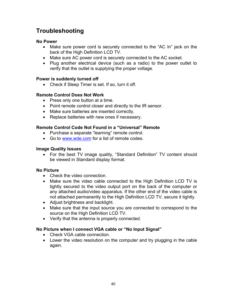 Troubleshooting | Westinghouse SK-16H120S User Manual | Page 42 / 46