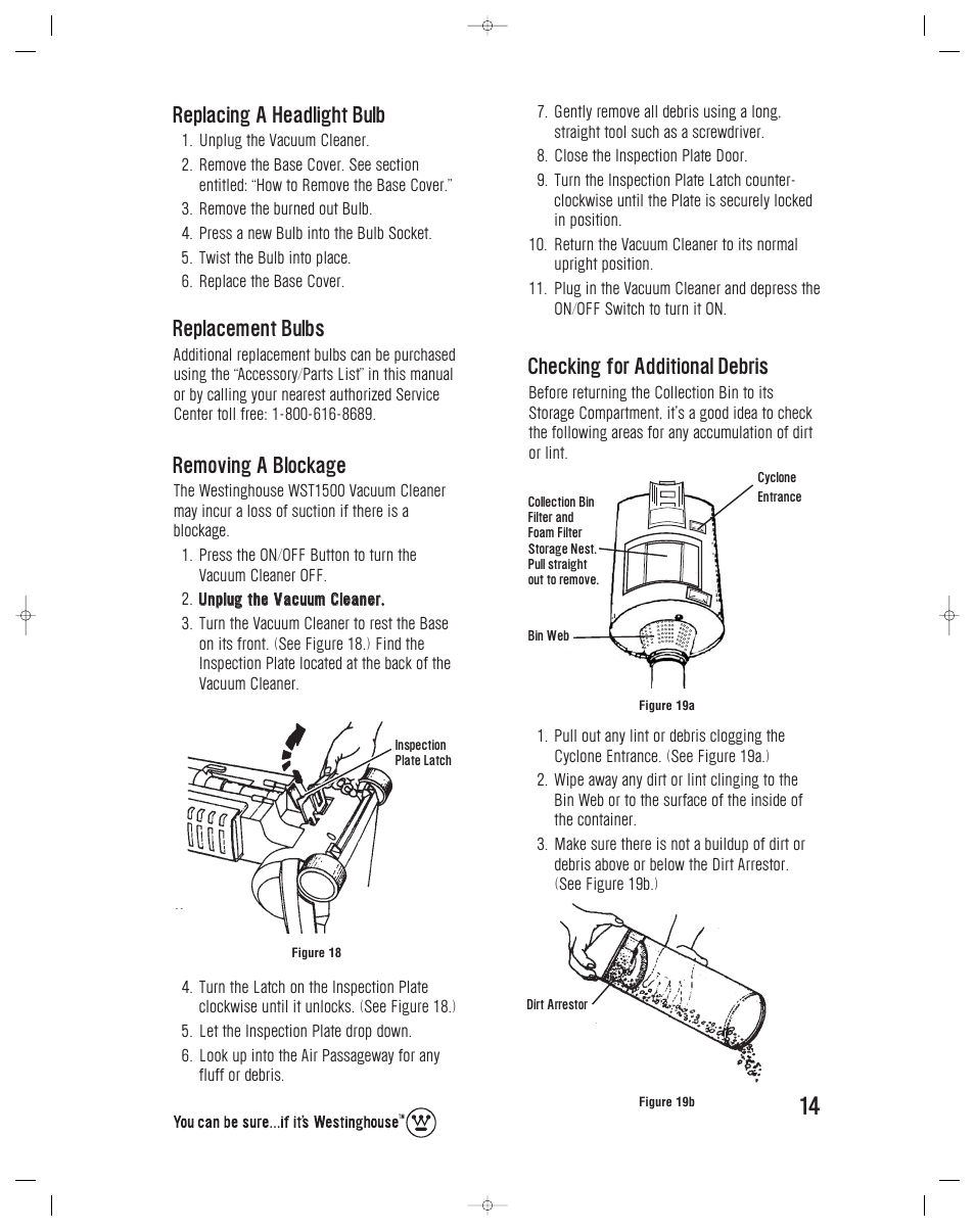 Replacing a headlight bulb, Replacement bulbs, Removing a blockage | Checking for additional debris | Westinghouse WST1500-1509 User Manual | Page 15 / 23