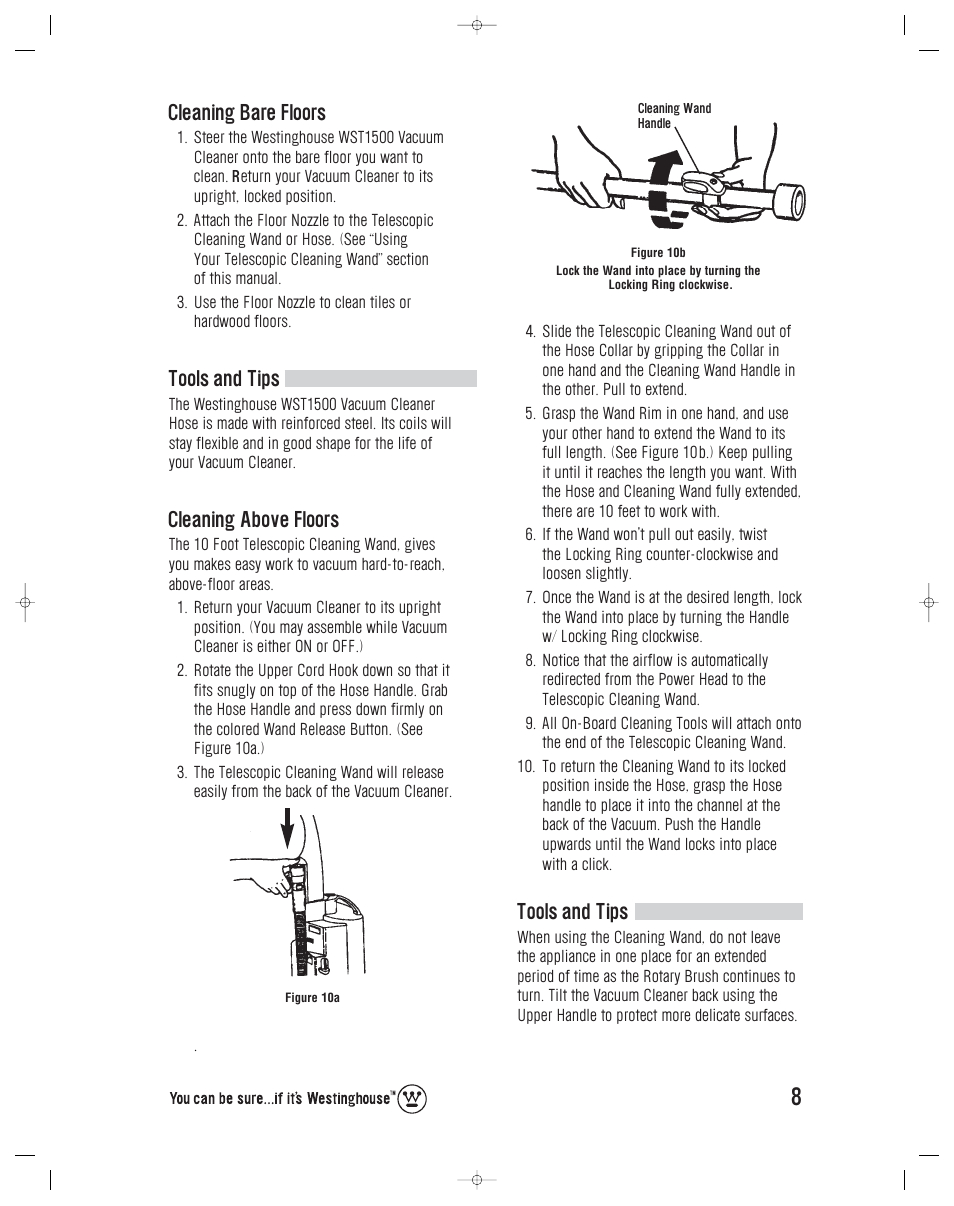 Tools and tips, Cleaning bare floors, Cleaning above floors | Westinghouse WST1500-1509 User Manual | Page 9 / 23