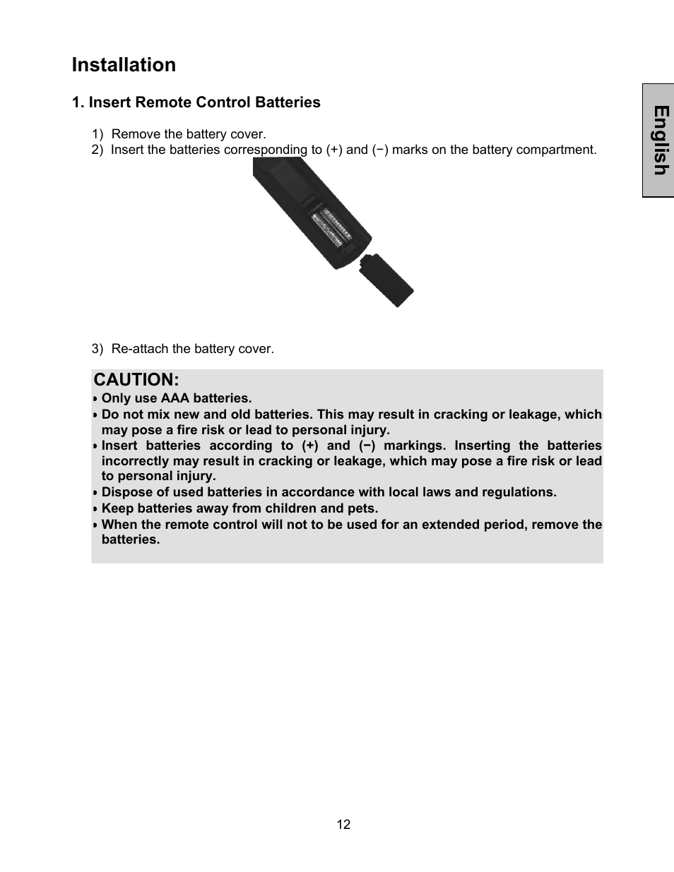 English installation, Caution, Insert remote control batteries | Westinghouse W3213 HD User Manual | Page 13 / 37