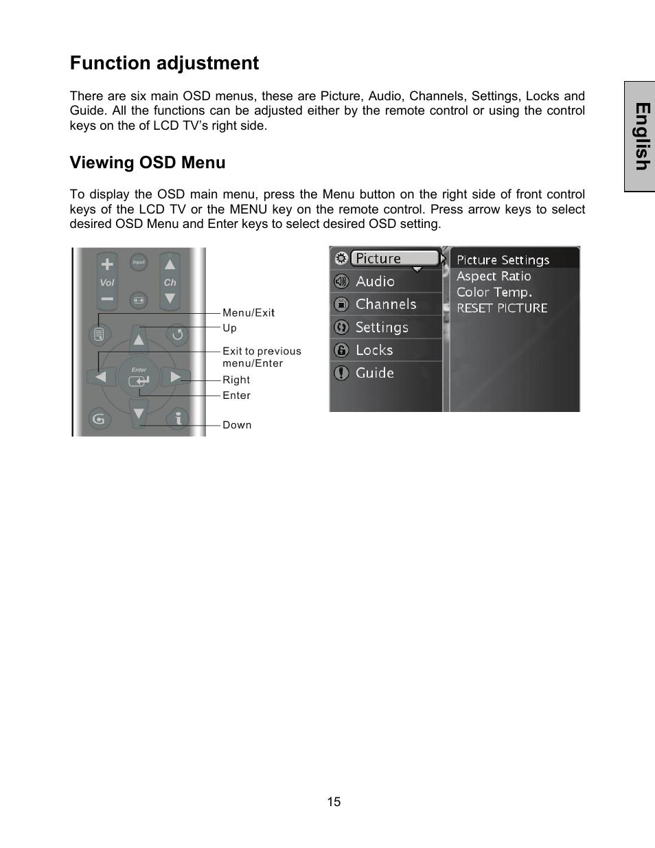 English function adjustment, Viewing osd menu | Westinghouse W3213 HD User Manual | Page 16 / 37