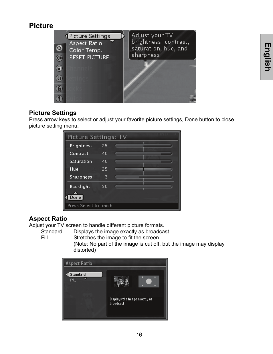 English, Picture | Westinghouse W3213 HD User Manual | Page 17 / 37