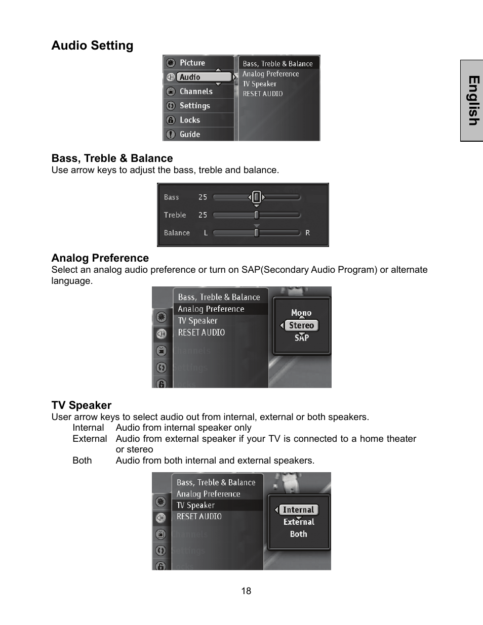 English, Audio setting | Westinghouse W3213 HD User Manual | Page 19 / 37