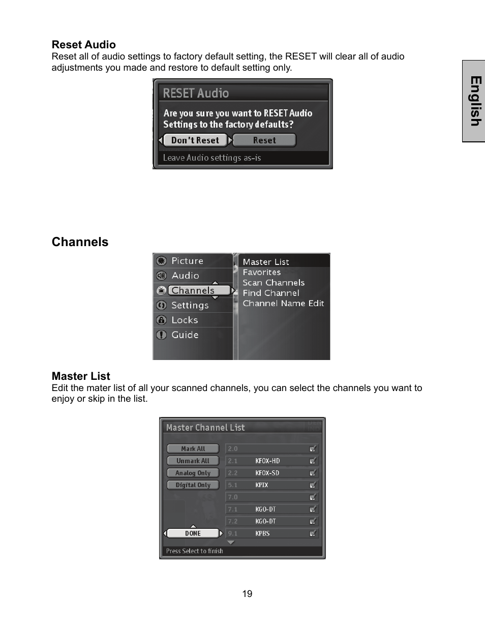 English, Channels | Westinghouse W3213 HD User Manual | Page 20 / 37