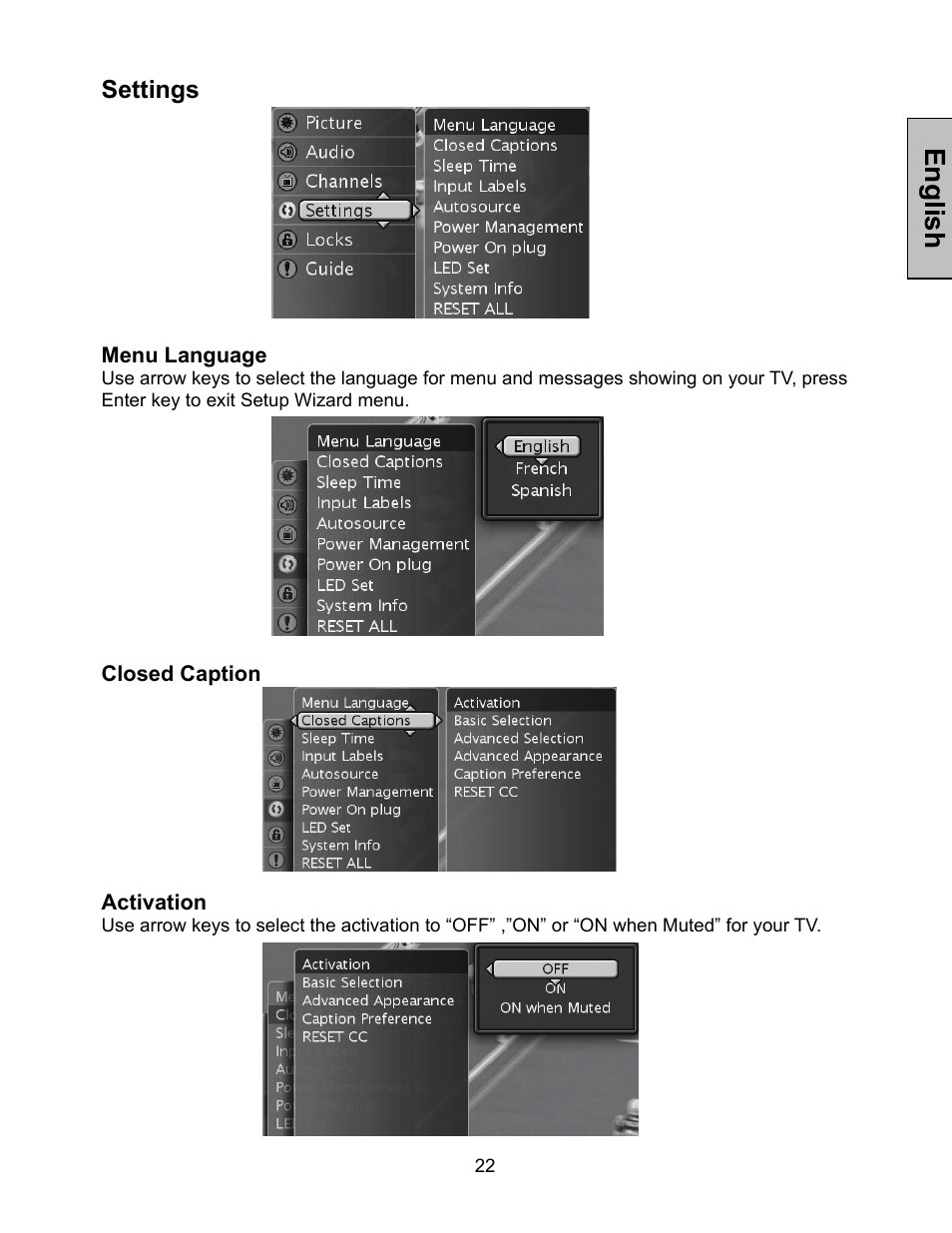 English, Settings | Westinghouse W3213 HD User Manual | Page 23 / 37