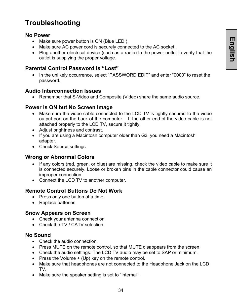 English troubleshooting, No power, Parental control password is “lost | Audio interconnection issues, Power is on but no screen image, Wrong or abnormal colors, Remote control buttons do not work, Snow appears on screen, No sound | Westinghouse W3213 HD User Manual | Page 35 / 37