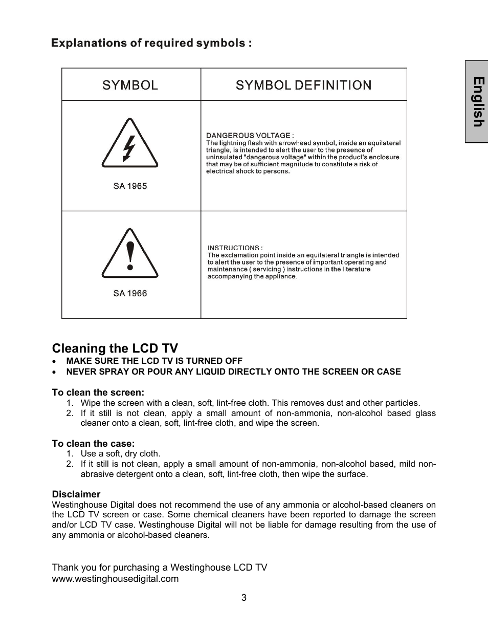 English, Cleaning the lcd tv | Westinghouse W3213 HD User Manual | Page 4 / 37