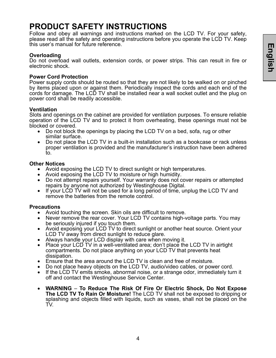 English, Product safety instructions | Westinghouse W3213 HD User Manual | Page 5 / 37