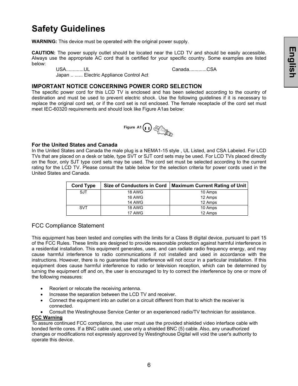 English, Safety guidelines | Westinghouse W3213 HD User Manual | Page 7 / 37