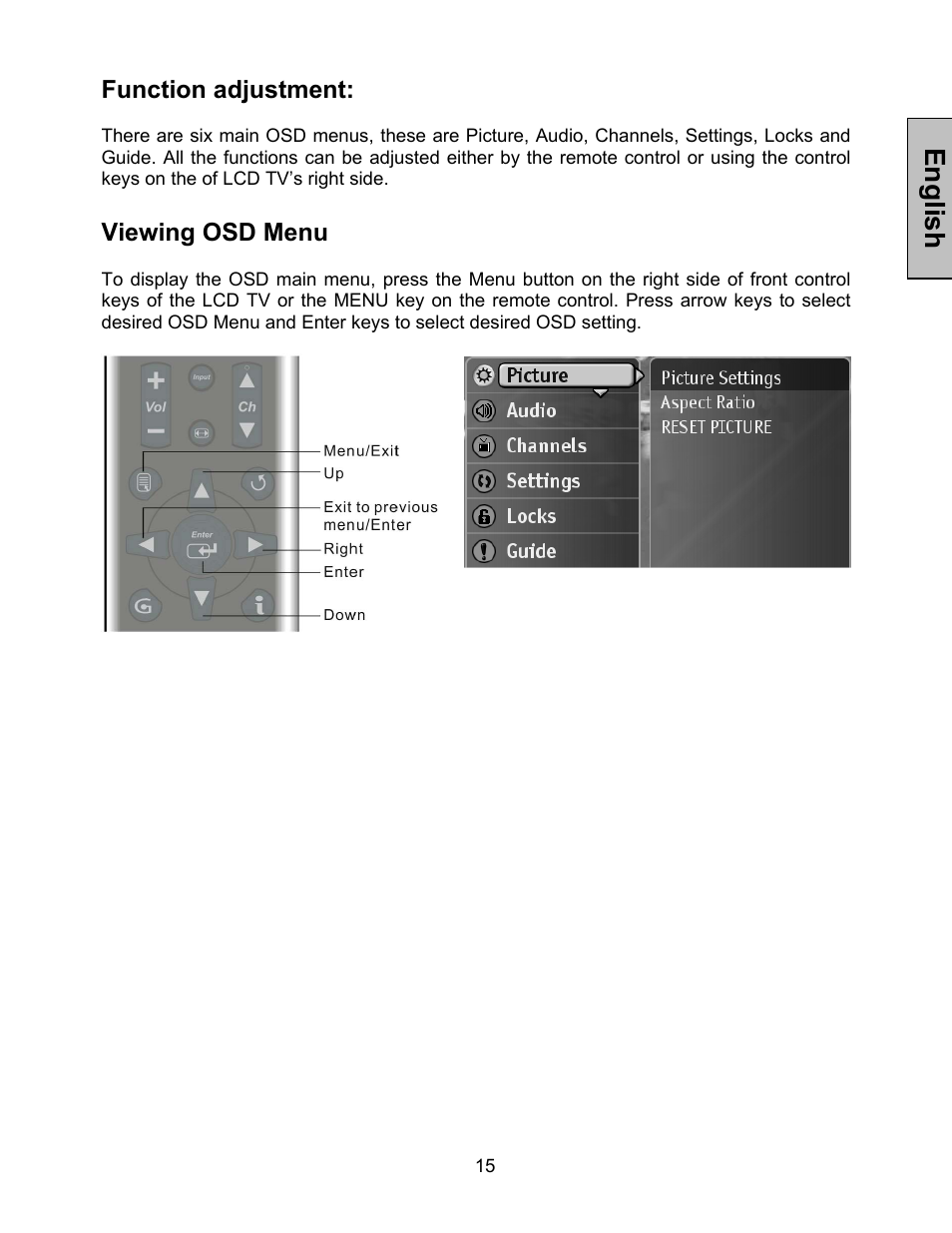 Function adjustment, Viewing osd menu, English | Westinghouse LTV-46w1 User Manual | Page 16 / 36