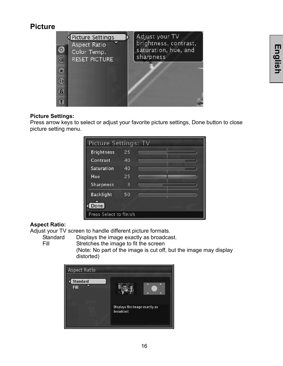 Picture, English | Westinghouse LTV-46w1 User Manual | Page 17 / 36