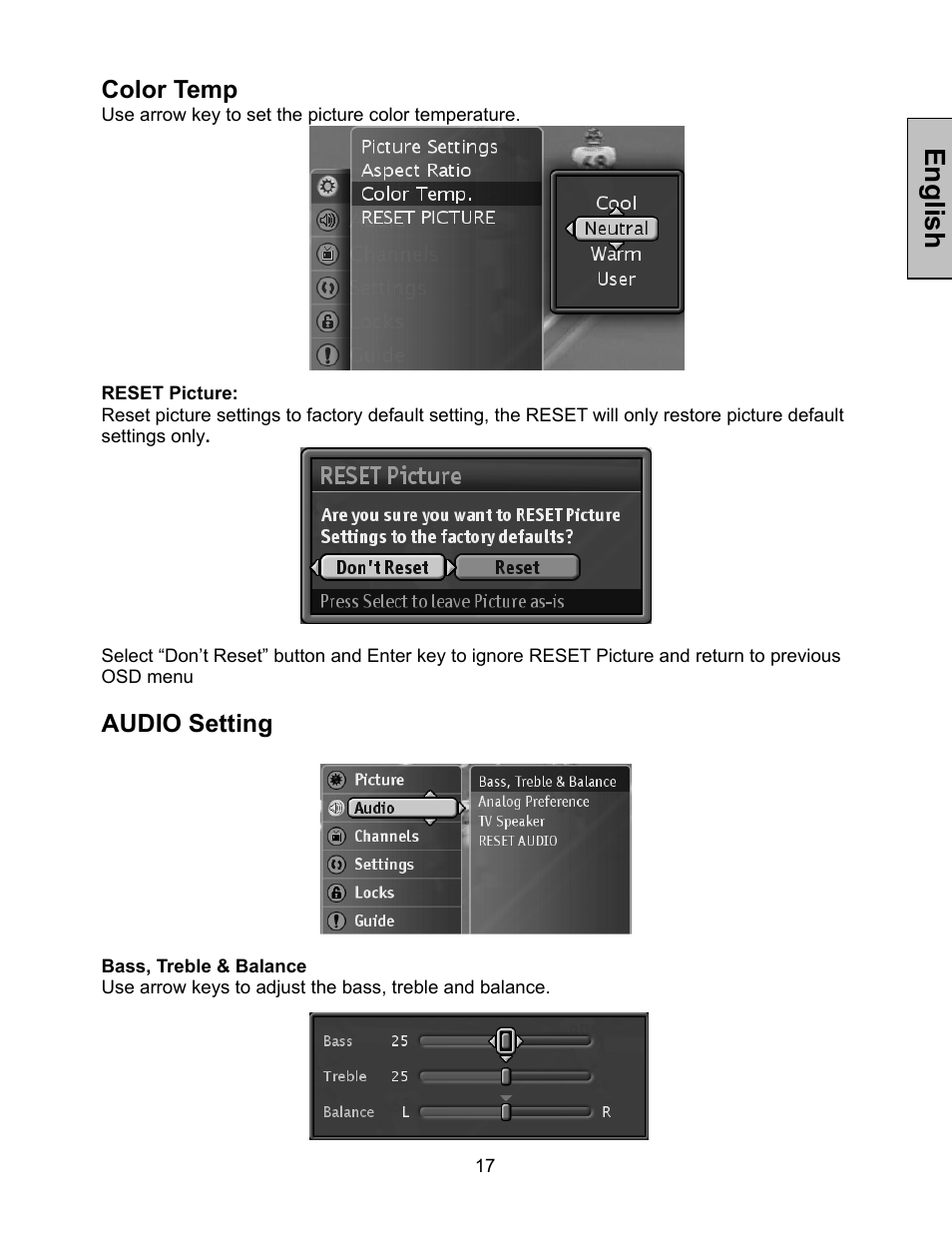 Audio setting, English, Color temp | Westinghouse LTV-46w1 User Manual | Page 18 / 36