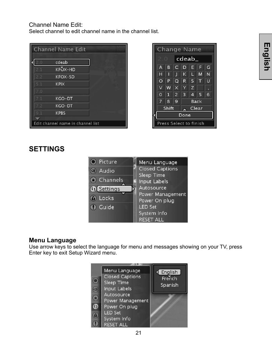 Settings, English | Westinghouse LTV-46w1 User Manual | Page 22 / 36