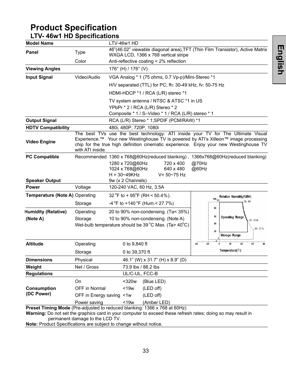 Product specification, English, Ltv- 46w1 hd specifications | Westinghouse LTV-46w1 User Manual | Page 34 / 36