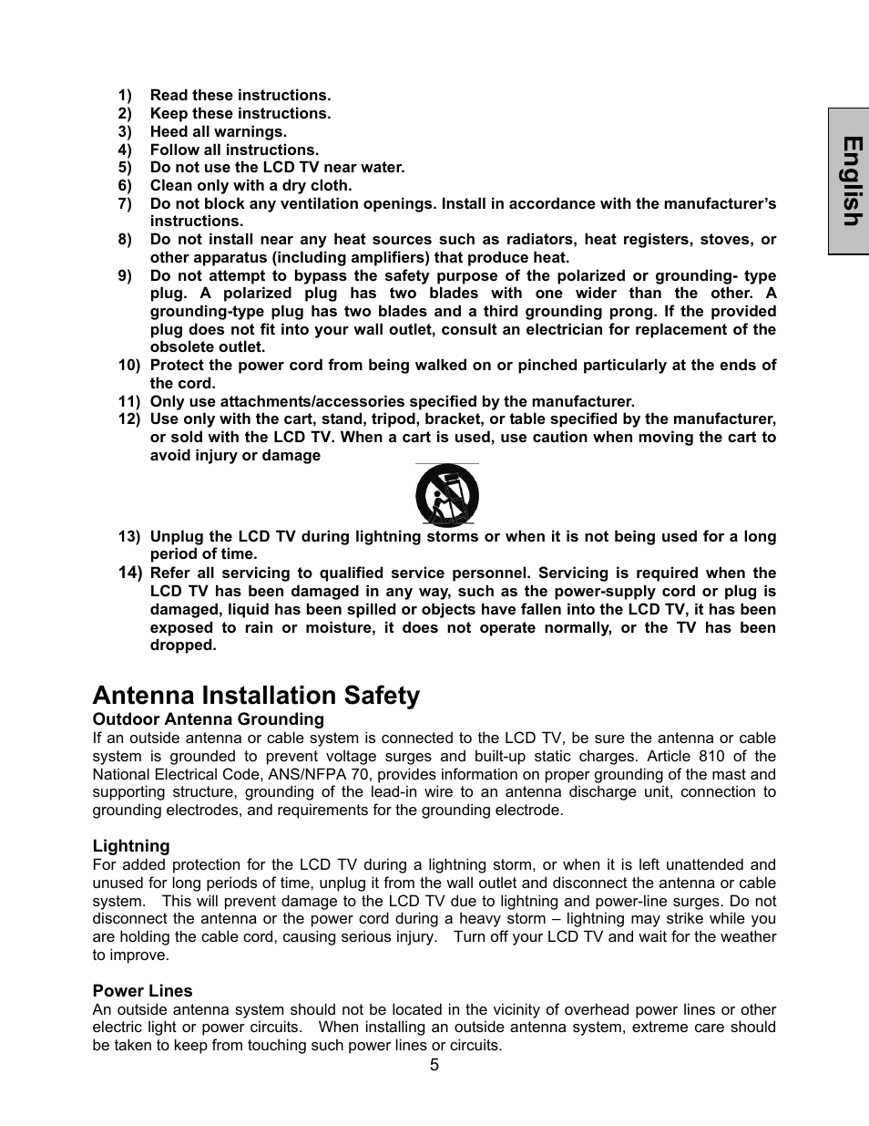 Antenna installation safety, English | Westinghouse LTV-46w1 User Manual | Page 6 / 36
