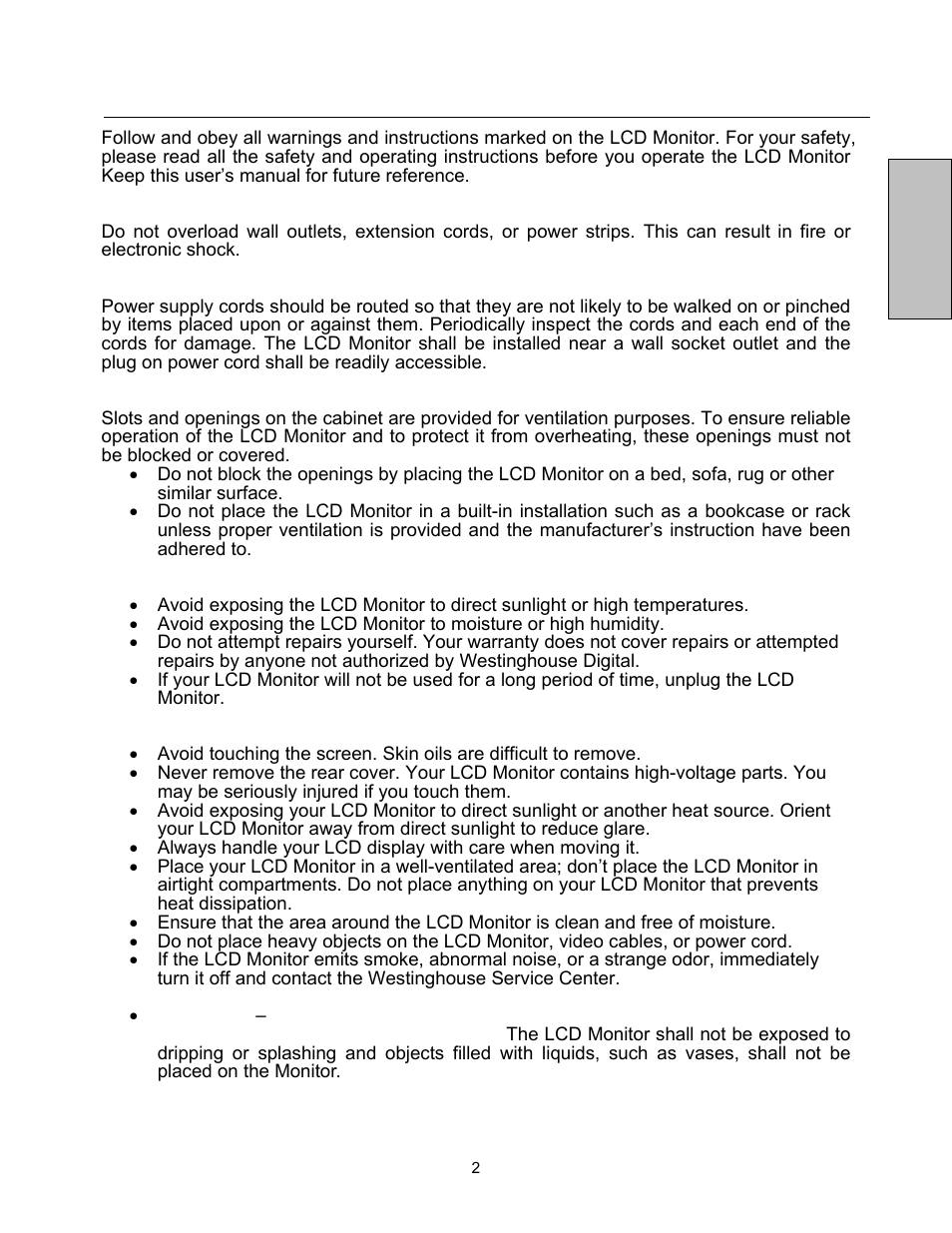 Important product safety instructions, English | Westinghouse LCM-20v5 User Manual | Page 3 / 66