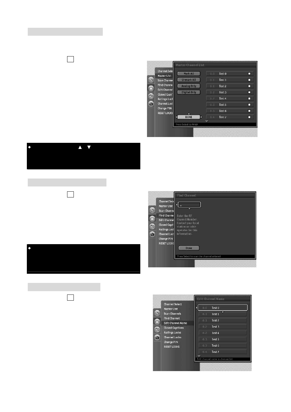 Editing the channel list, Finding channel directly, Channel name editing | Westinghouse VK-40F580D User Manual | Page 36 / 62