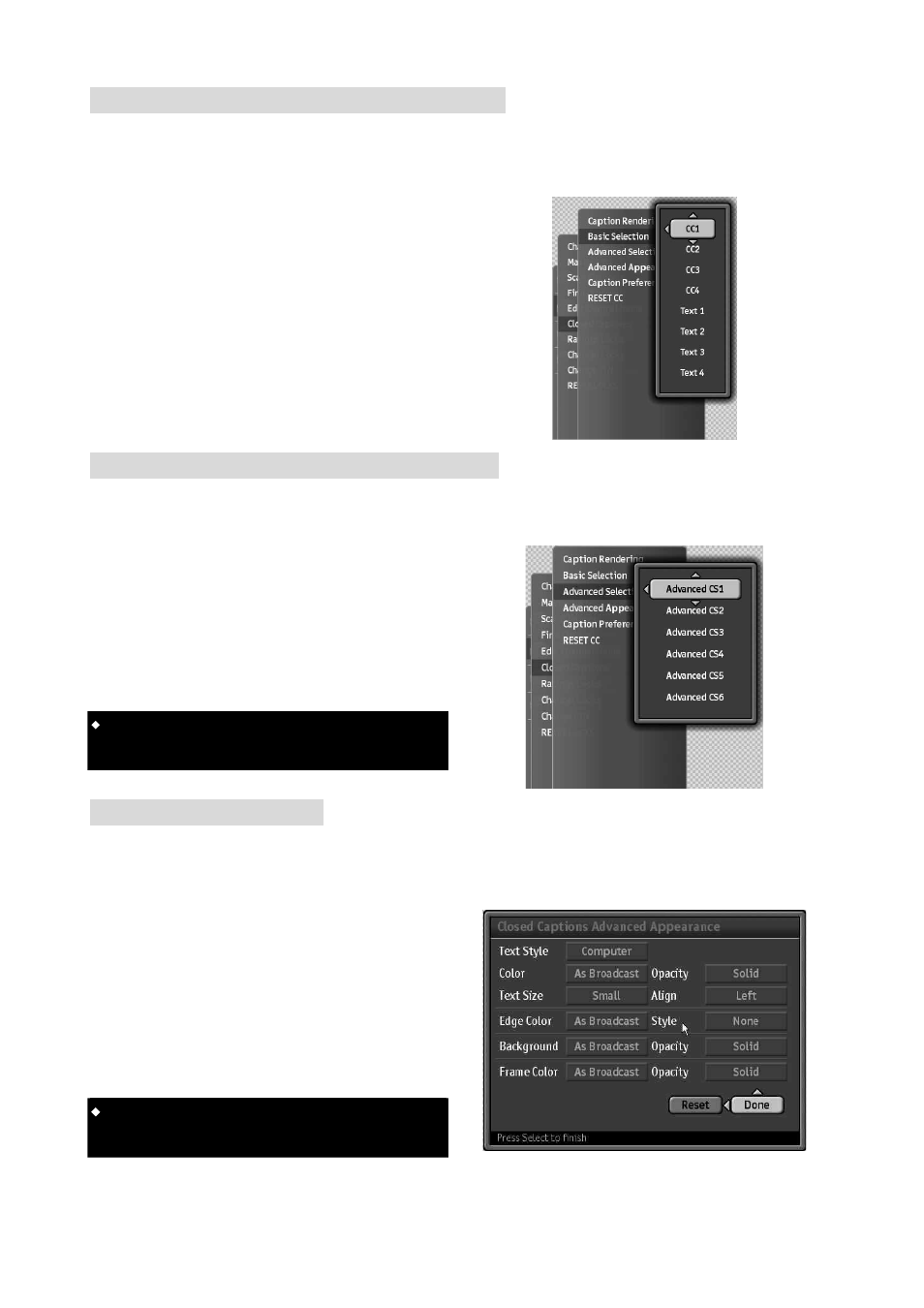 Selecting analog closed caption options, Selecting digital closed caption options, Advanced appearance | Westinghouse VK-40F580D User Manual | Page 40 / 62