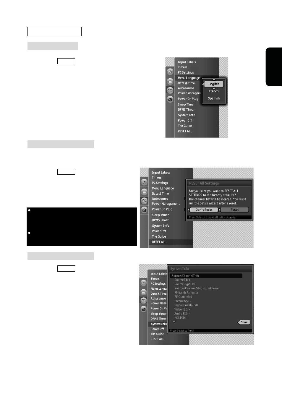 Other controls, Menu language, Resetting all settings | Showing system info | Westinghouse VK-40F580D User Manual | Page 45 / 62