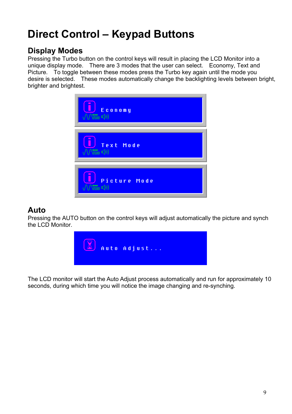 Direct control – keypad buttons, Display modes, Auto | Isplay, Odes | Westinghouse LCM-17v2 User Manual | Page 10 / 15