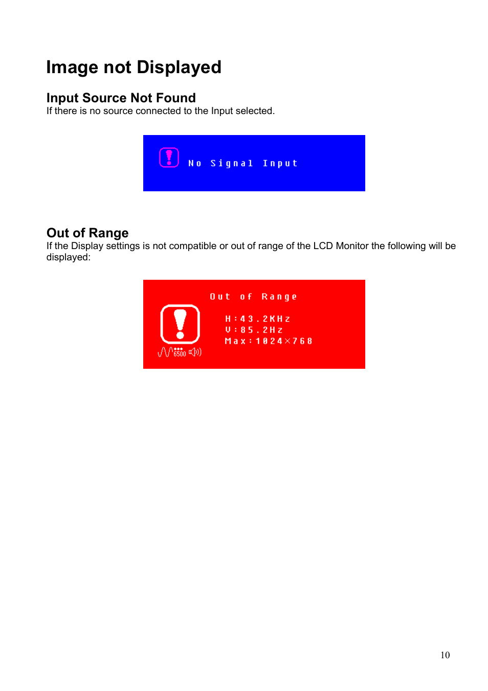 Image not displayed, Input source not found, Out of range | Appendix, Nput, Ource, Ound, Ut of, Ange | Westinghouse LCM-17v2 User Manual | Page 11 / 15