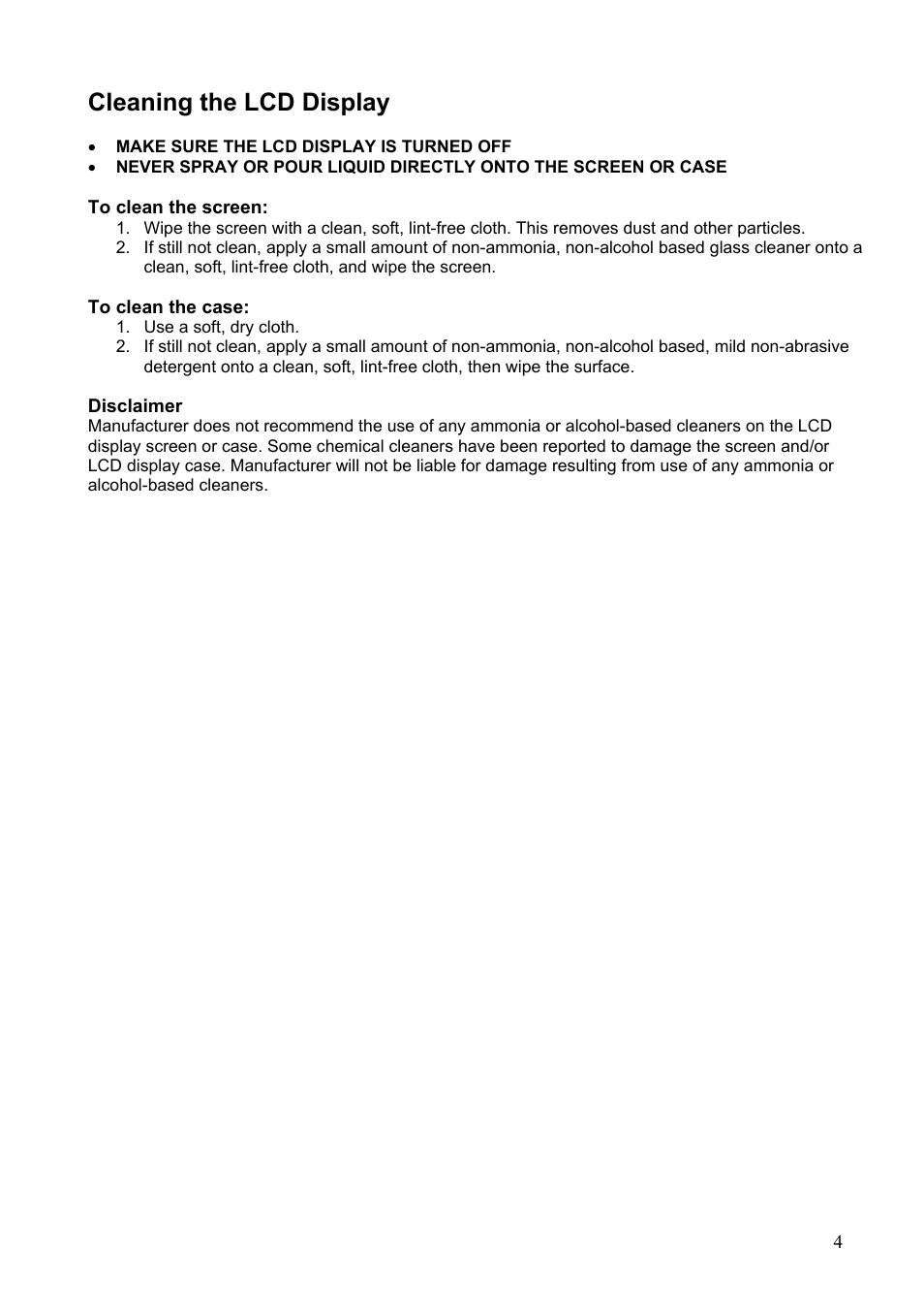 Clea, Leaning the, Lcd d | Isplay, Cleaning the lcd display | Westinghouse LCM-17v2 User Manual | Page 5 / 15