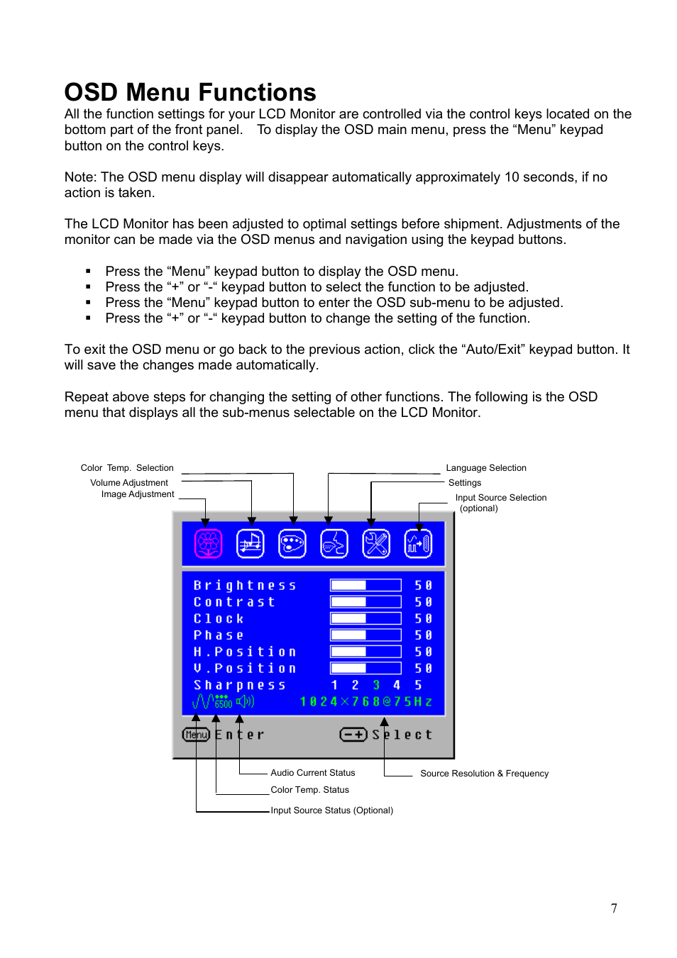 Osd menu functions | Westinghouse LCM-17v2 User Manual | Page 8 / 15