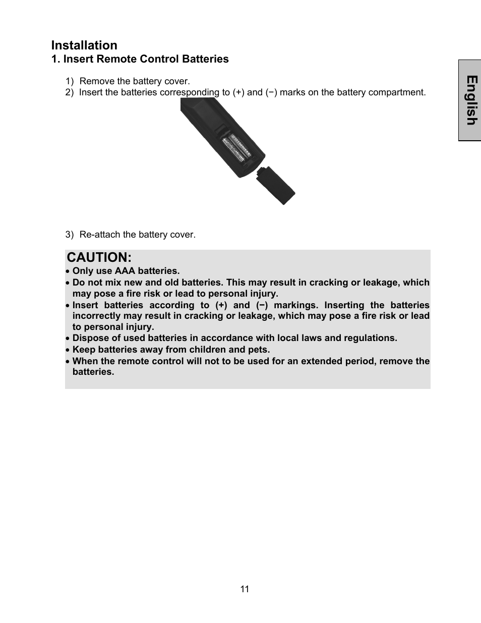 English, Caution, Installation | Insert remote control batteries | Westinghouse LTV-27w7 HD User Manual | Page 12 / 26