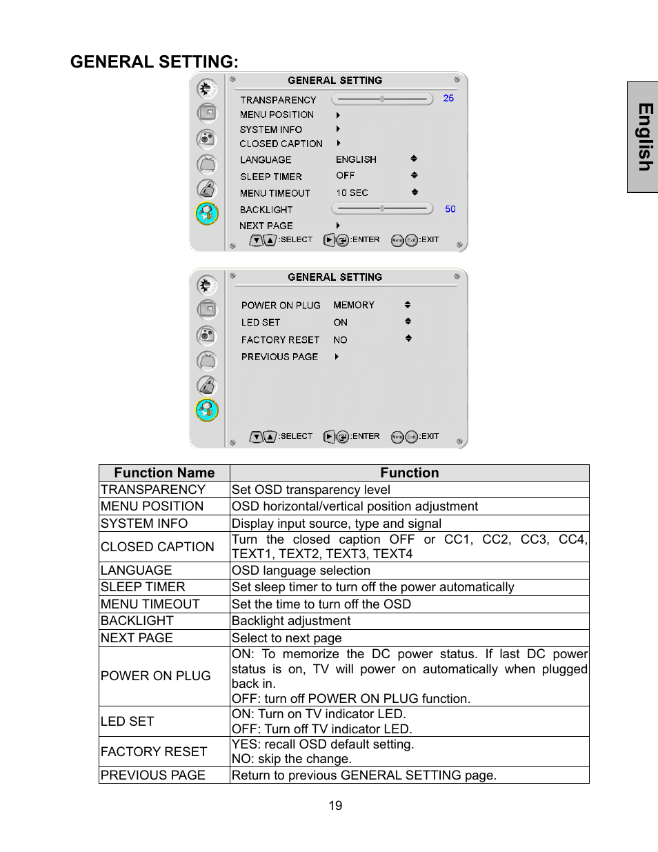 English, General setting | Westinghouse LTV-27w7 HD User Manual | Page 20 / 26