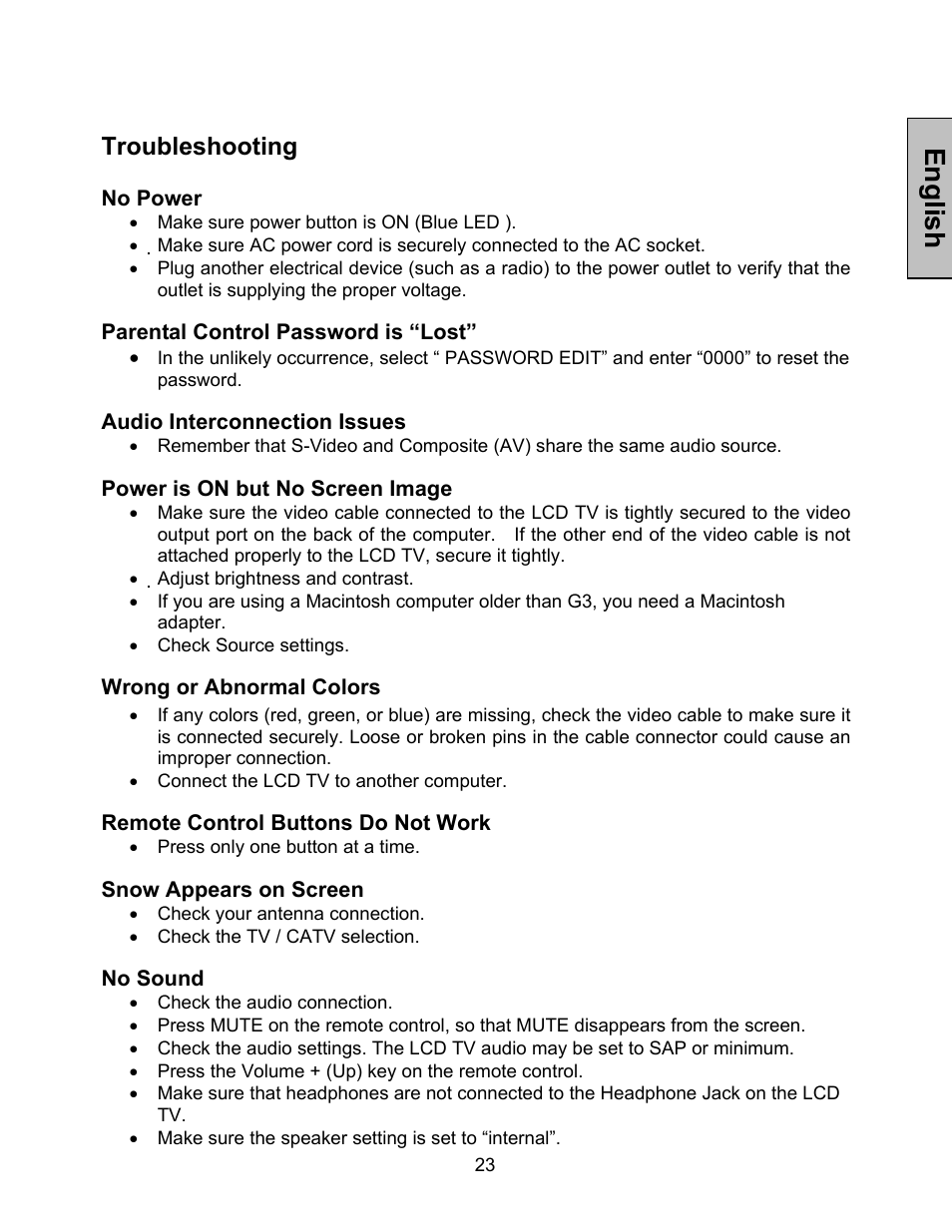 English, Troubleshooting, No power | Parental control password is “lost, Audio interconnection issues, Power is on but no screen image, Wrong or abnormal colors, Remote control buttons do not work, Snow appears on screen, No sound | Westinghouse LTV-27w7 HD User Manual | Page 24 / 26