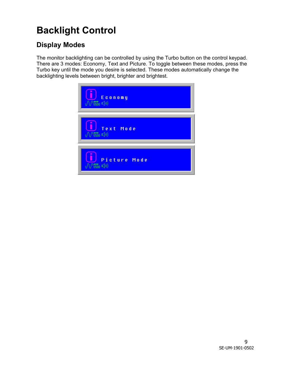 Backlight control, Display modes | Westinghouse LCM - 19v1 User Manual | Page 10 / 15