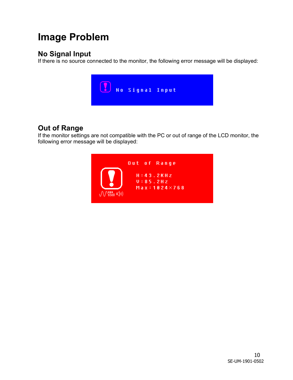 Image problem, No signal input, Out of range | Westinghouse LCM - 19v1 User Manual | Page 11 / 15