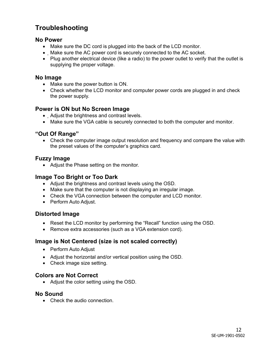 Troubleshooting | Westinghouse LCM - 19v1 User Manual | Page 13 / 15