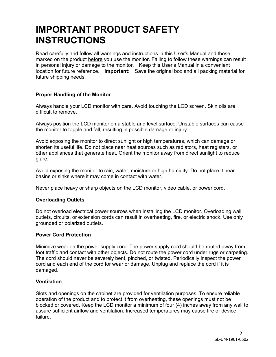 Important product safety instructions | Westinghouse LCM - 19v1 User Manual | Page 3 / 15