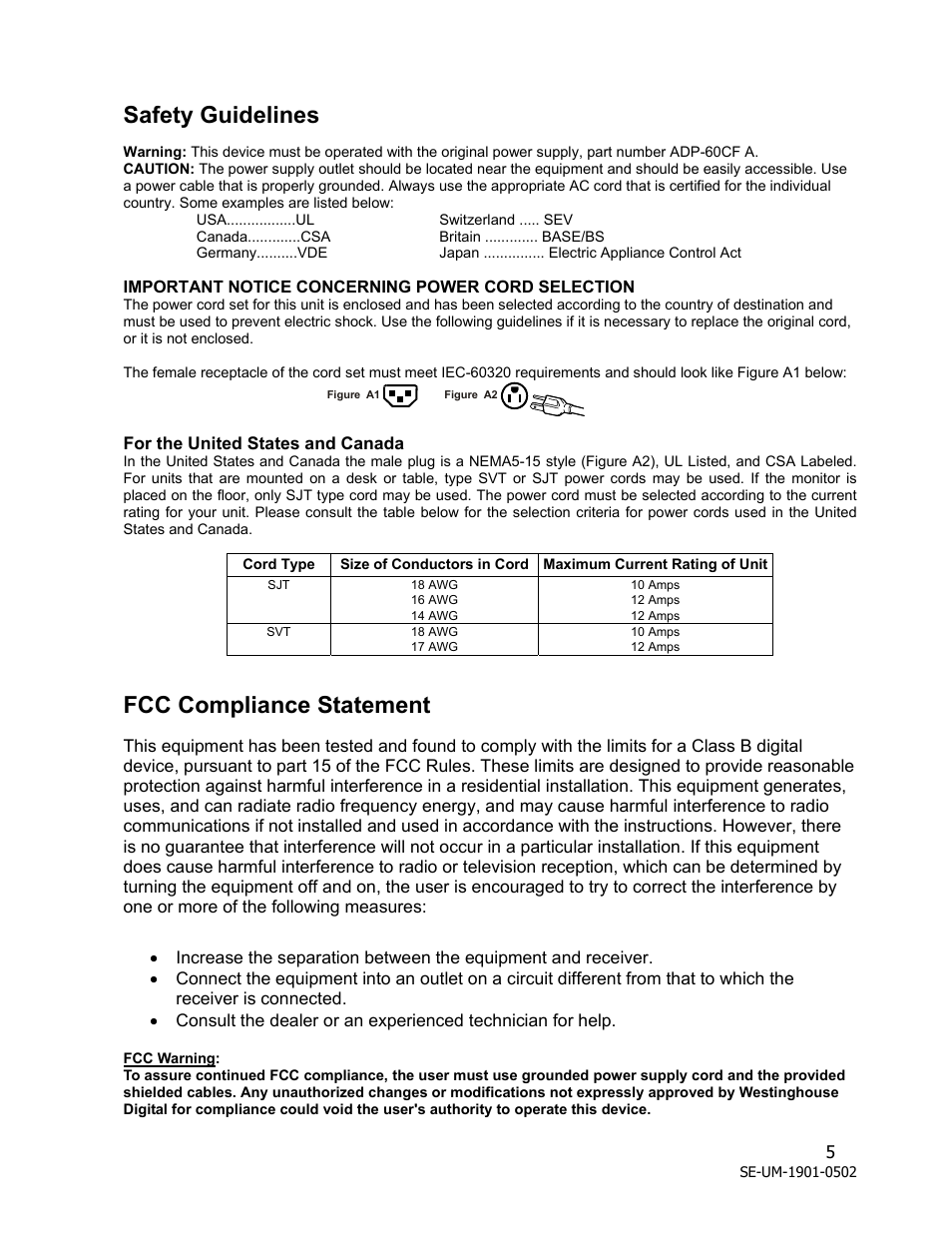 Safety guidelines, Fcc compliance statement | Westinghouse LCM - 19v1 User Manual | Page 6 / 15
