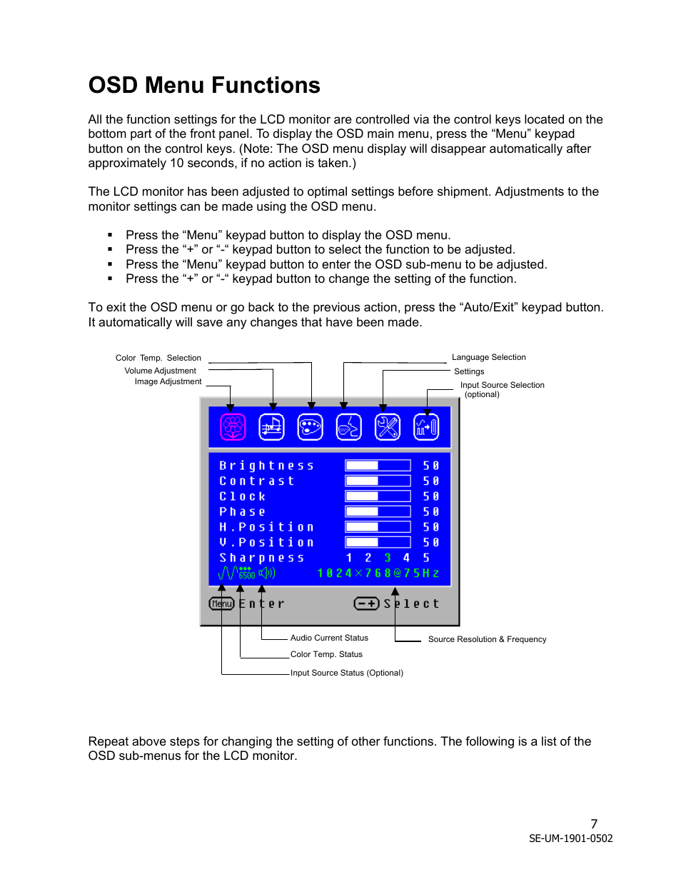 Osd menu functions | Westinghouse LCM - 19v1 User Manual | Page 8 / 15